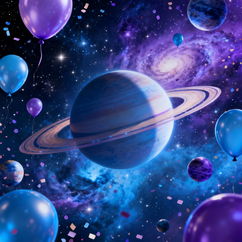 Galaxy-themed birthday background with planets and balloons
