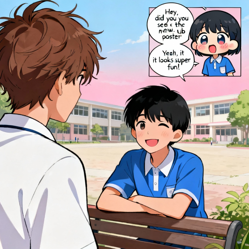 AI slice of life manga scene at school courtyard