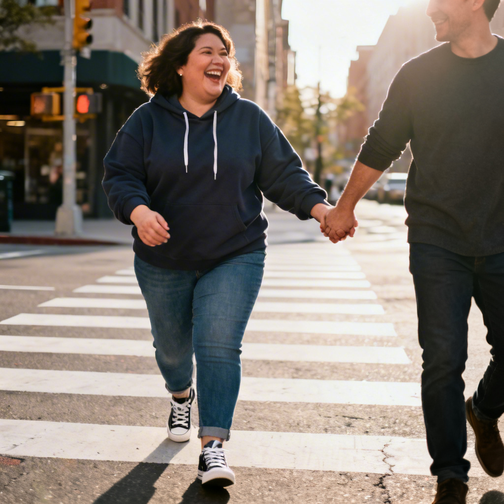 Chubby girlfriend and partner in casual street style crossing a city street