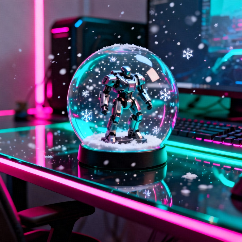 Gamer desk neon-themed cyber snow globe scene