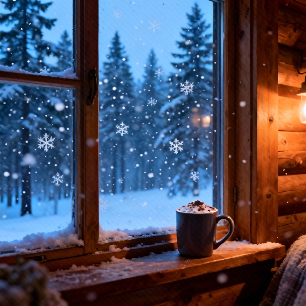 AI mountain cabin snowy calm artwork