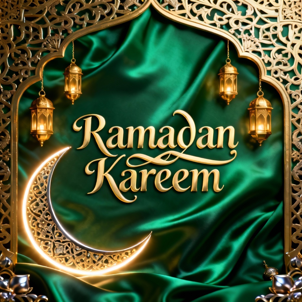 Emerald green arabesque Ramadan card with ornate border and lanterns