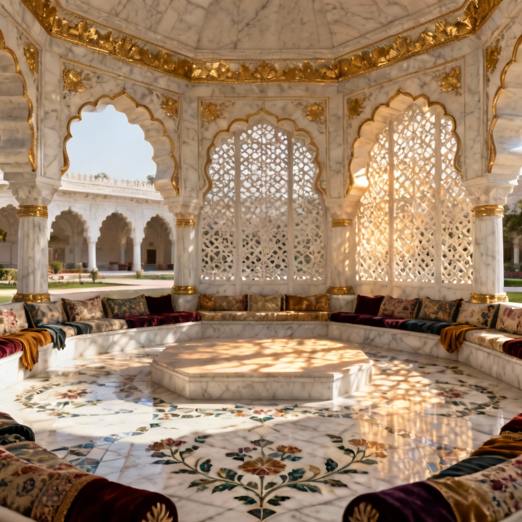 AI Mughal palace audience hall with inlaid marble and jali screens