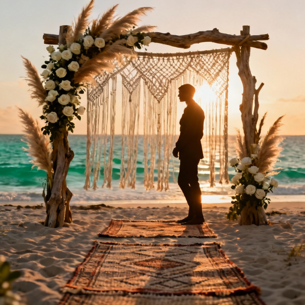 AI boho beach wedding arch with pampas grass at sunset