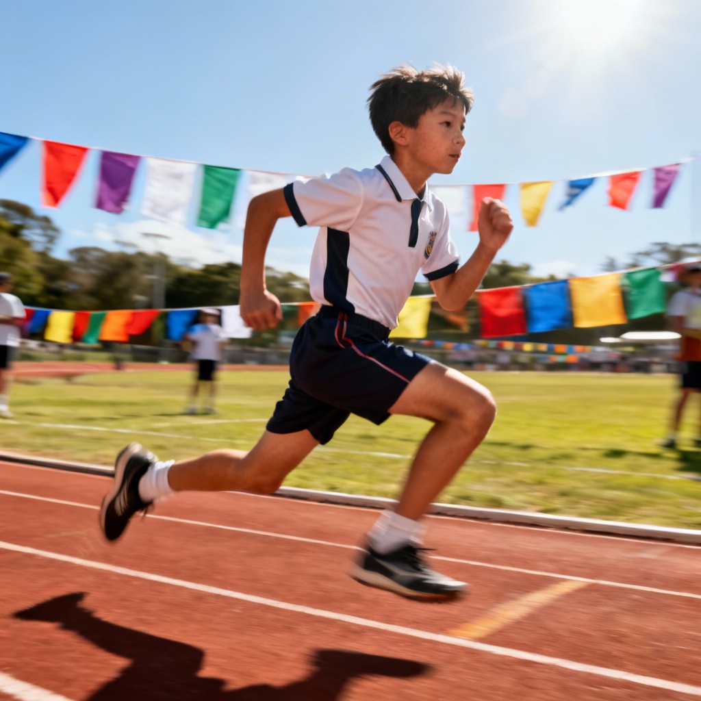 Schoolboy sprinting at a sports day