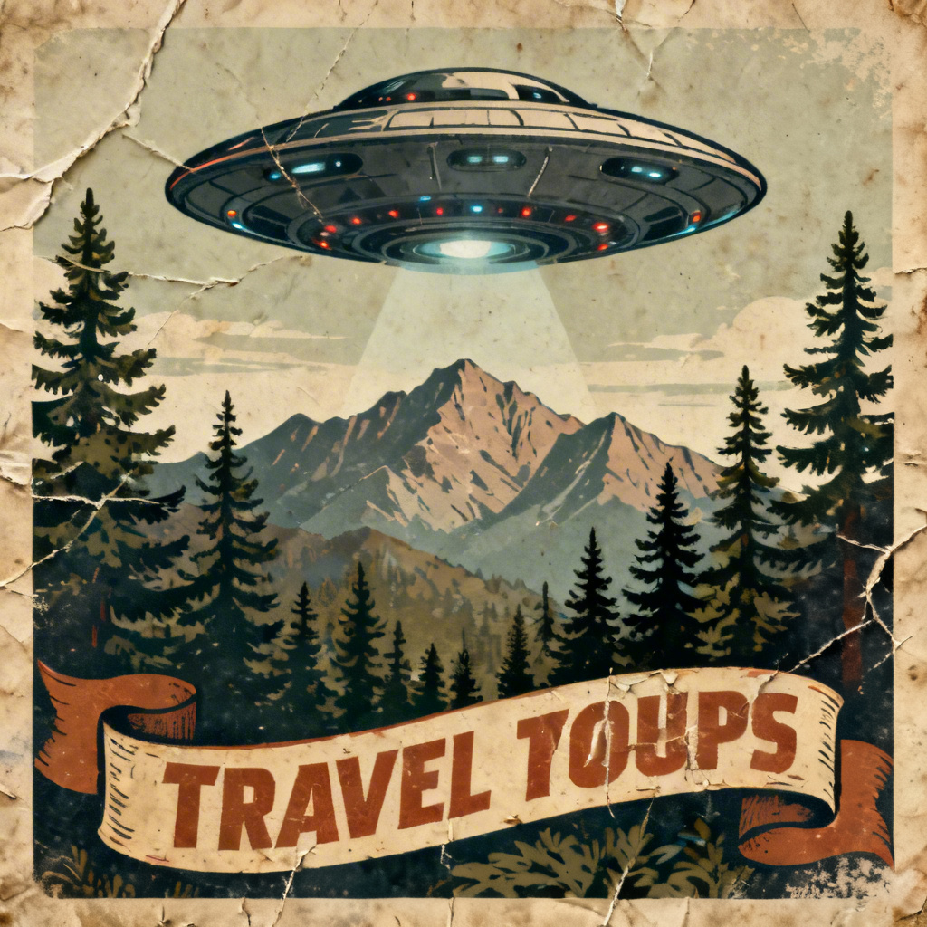 Vintage travel-style UFO poster over forest national park