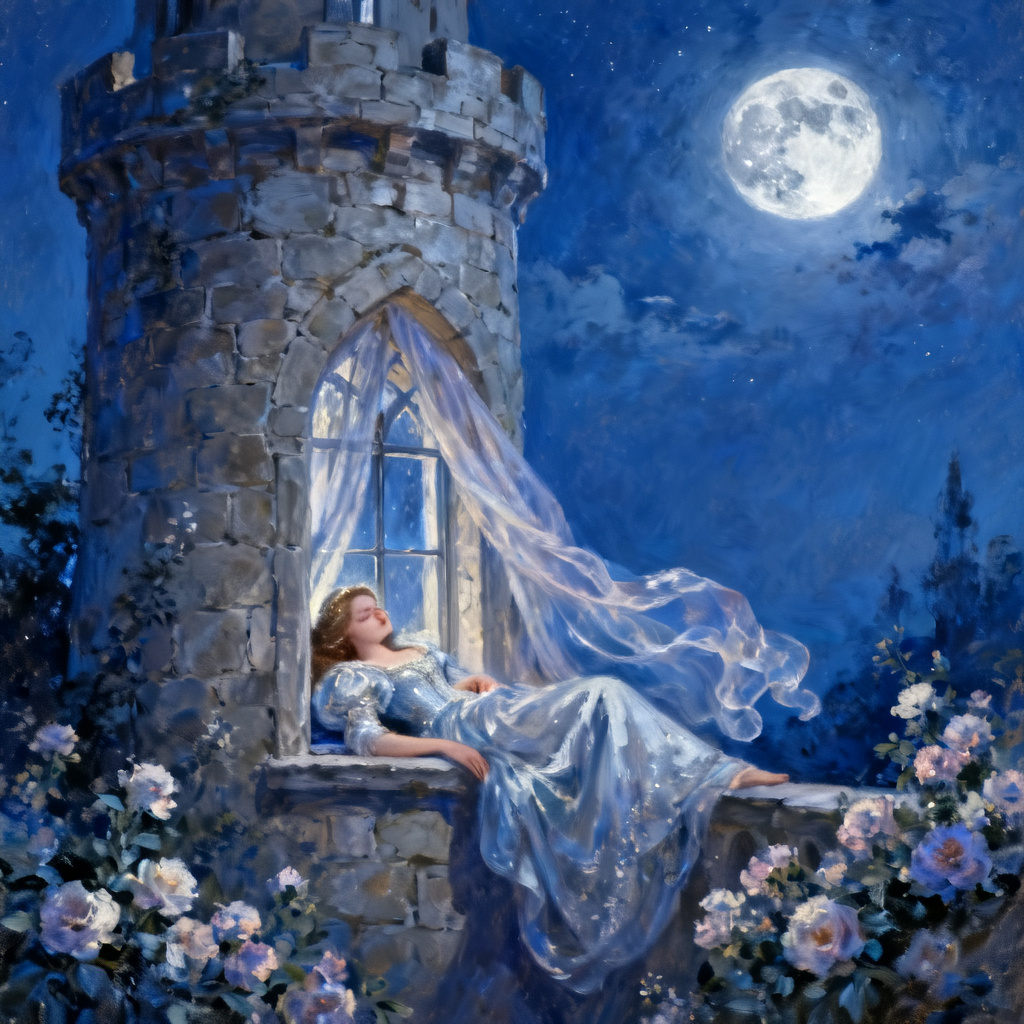 AI sleeping beauty art in a moonlit tower window scene