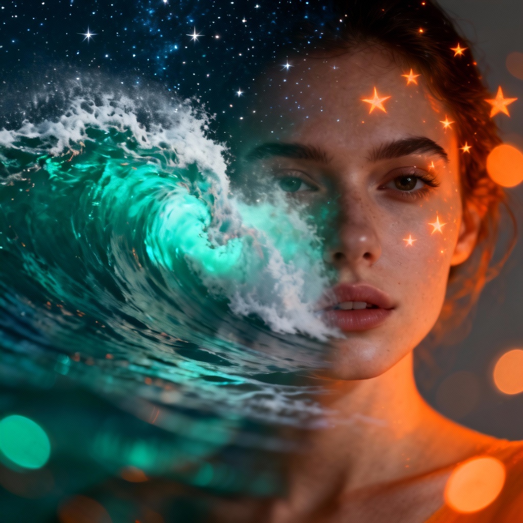 AI surreal double exposure portrait merging ocean and stars