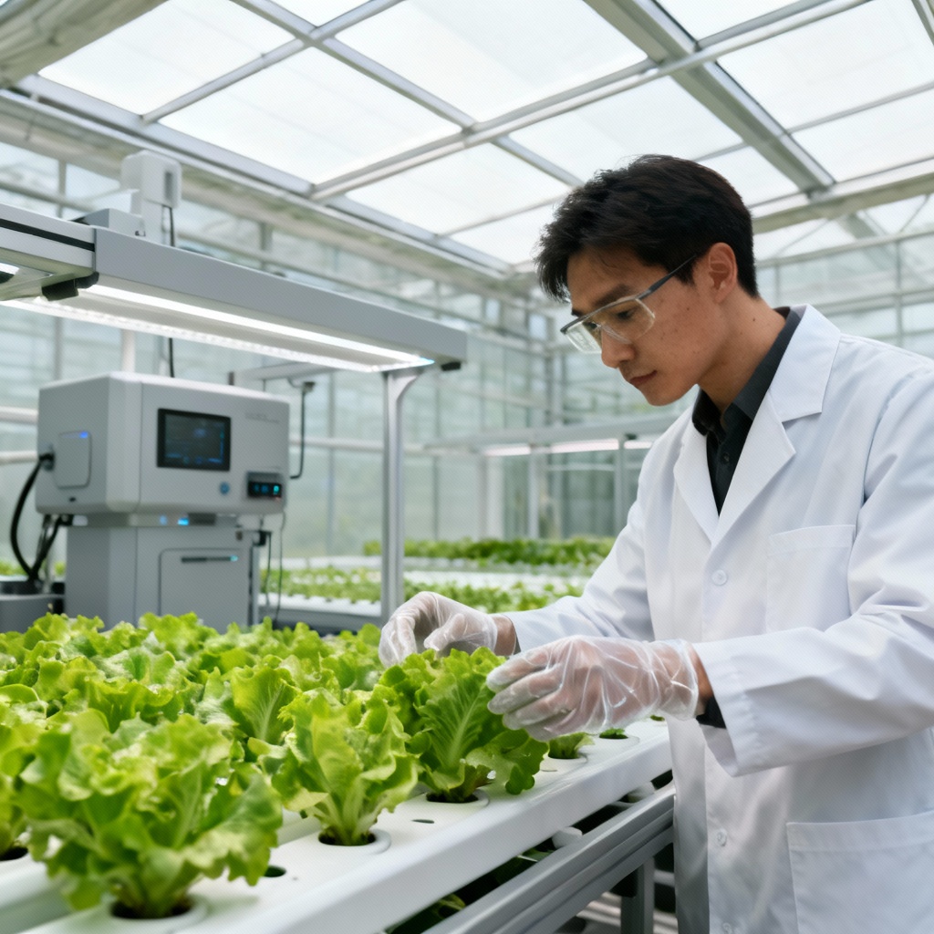 Hydroponic greenhouse farmer inspecting lettuce