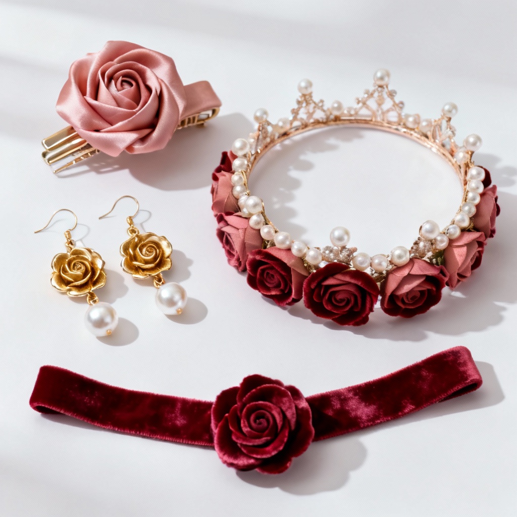 AI rose accessory generator hero image with assorted rose jewelry
