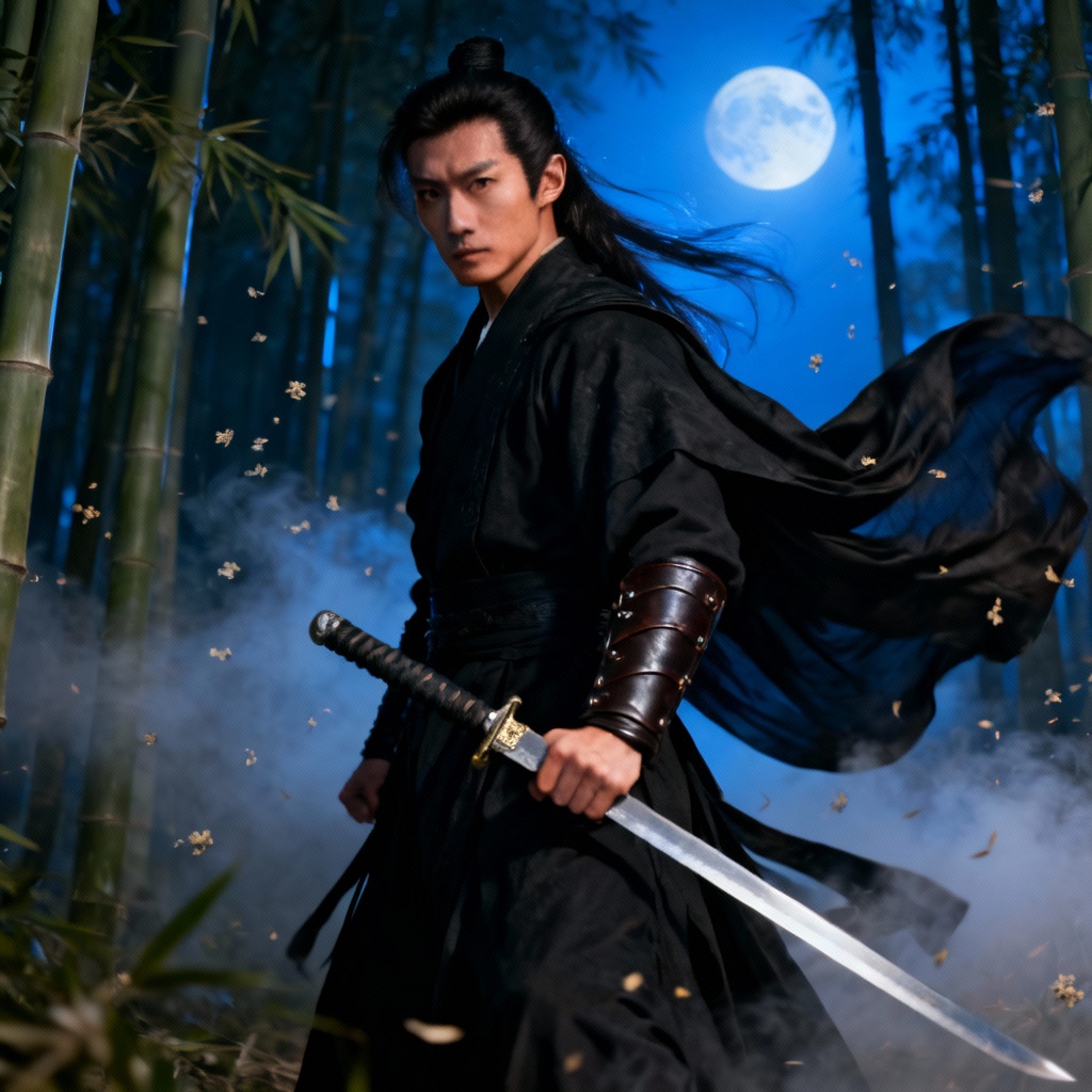 AI wuxia hanfu look in moonlit bamboo forest