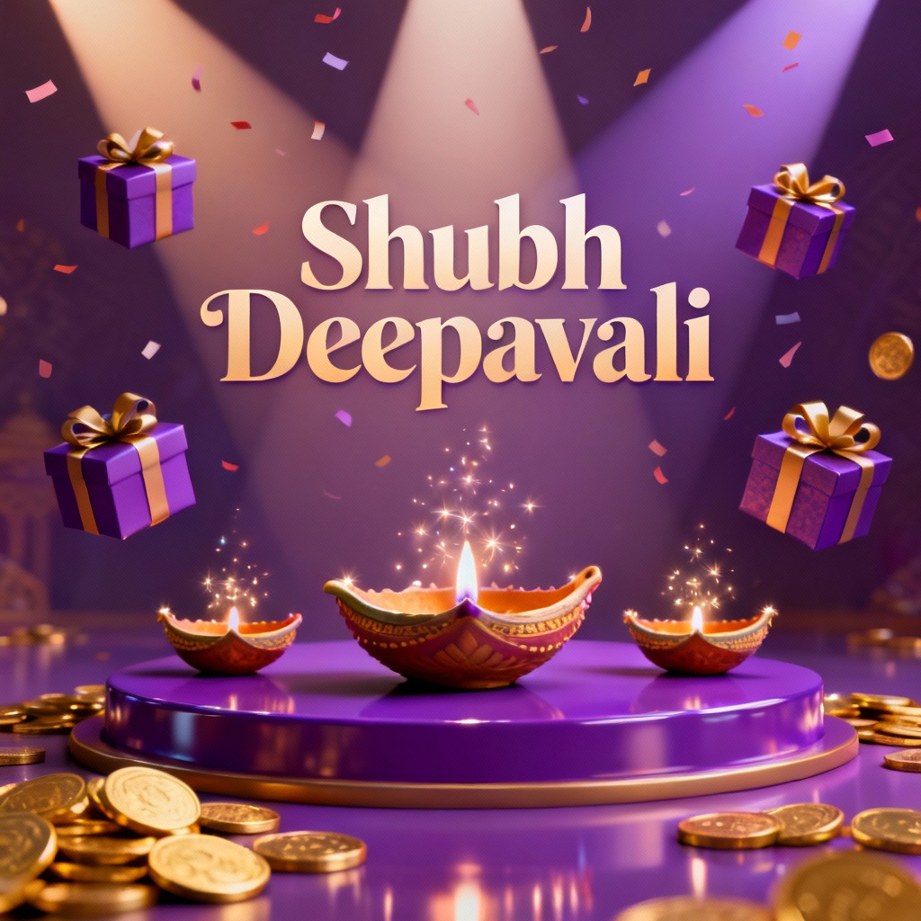 3D Deepavali gift poster with coins and diyas