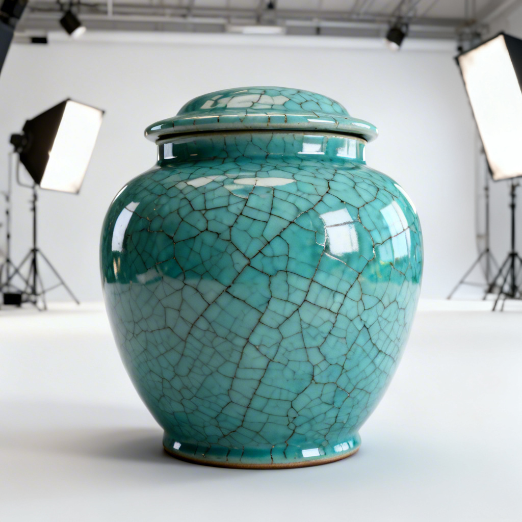 3D rendered turquoise jar with crackle glaze texture