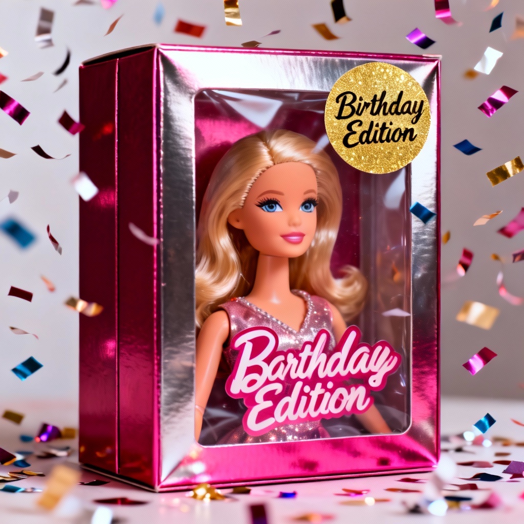 Birthday Barbie box selfie with confetti and gold sticker