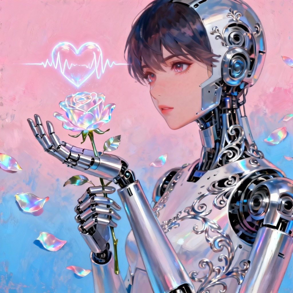 AI yandere robot with holographic rose and heart waveform
