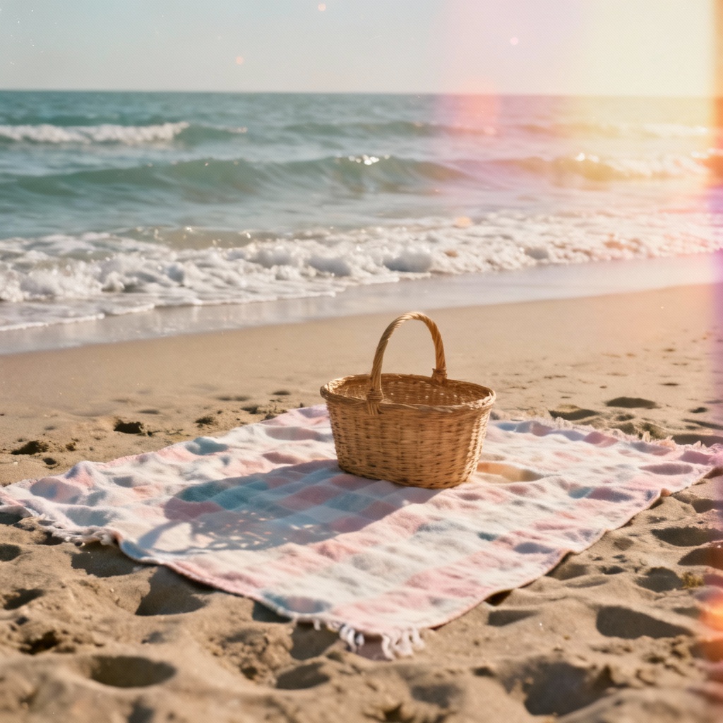 AI vintage beach picnic with pastel film look