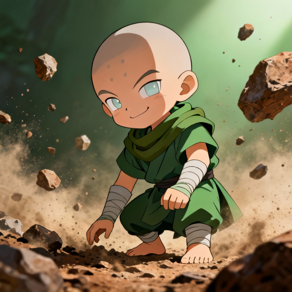 AI Toph-style avatar in a seismic stance with rocky debris