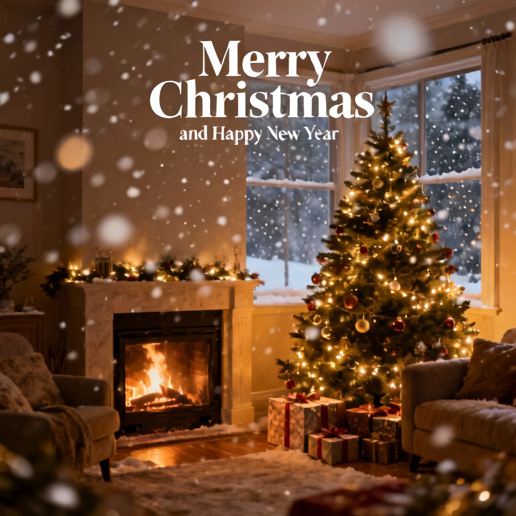 Photorealistic cozy living room with Christmas tree and holiday message