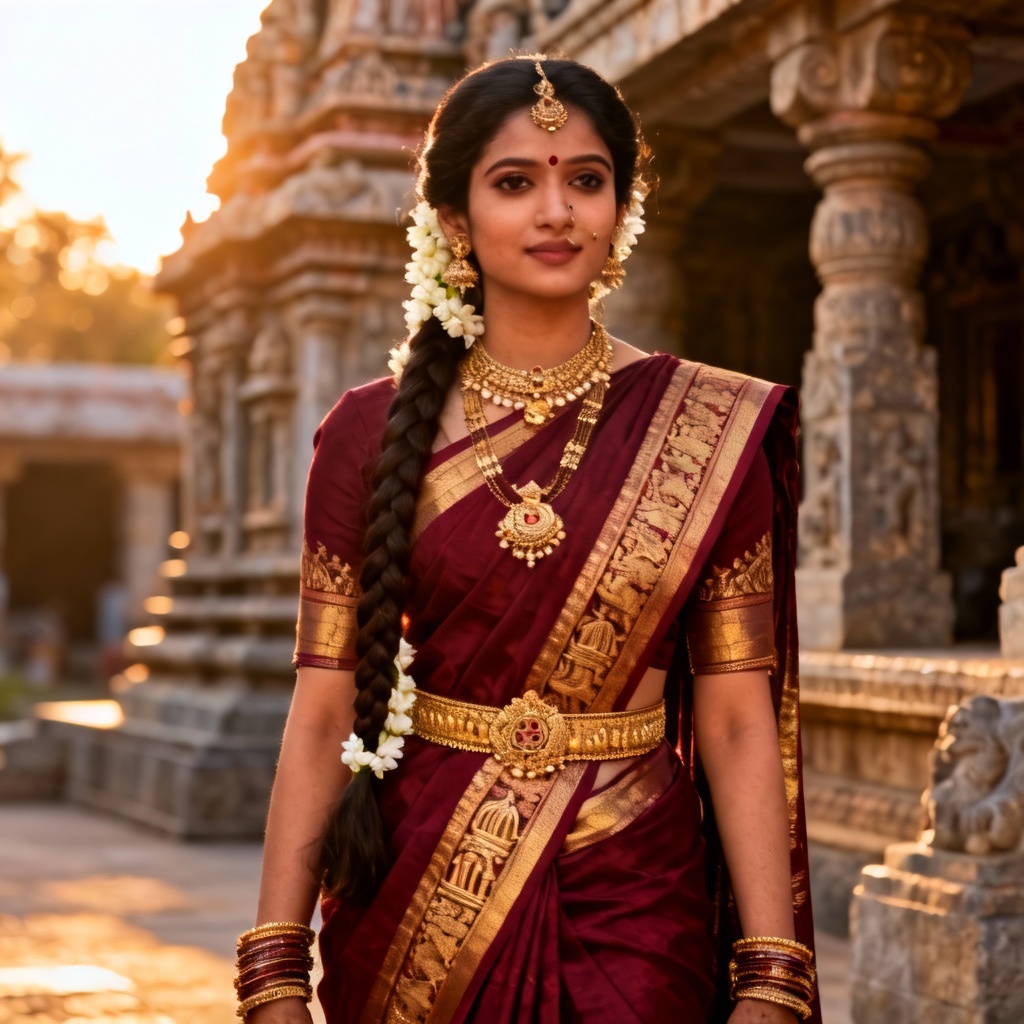 South Indian maroon and gold temple Kanjeevaram bridal saree