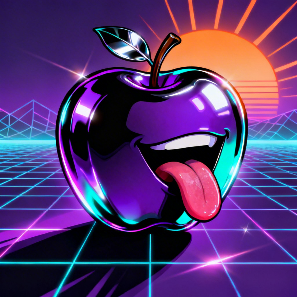 Vaporwave neon apple with tongue out