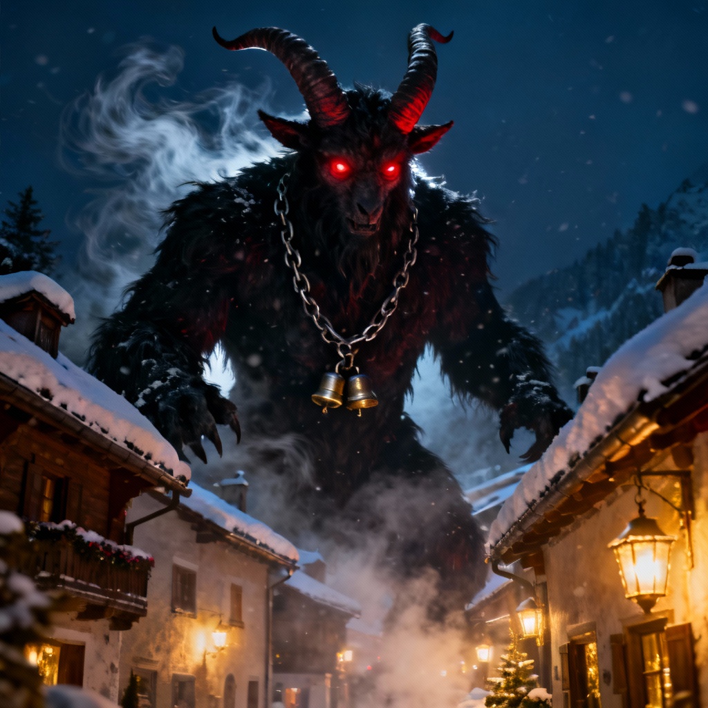 Cinematic Krampus in a snowy Alpine village at night