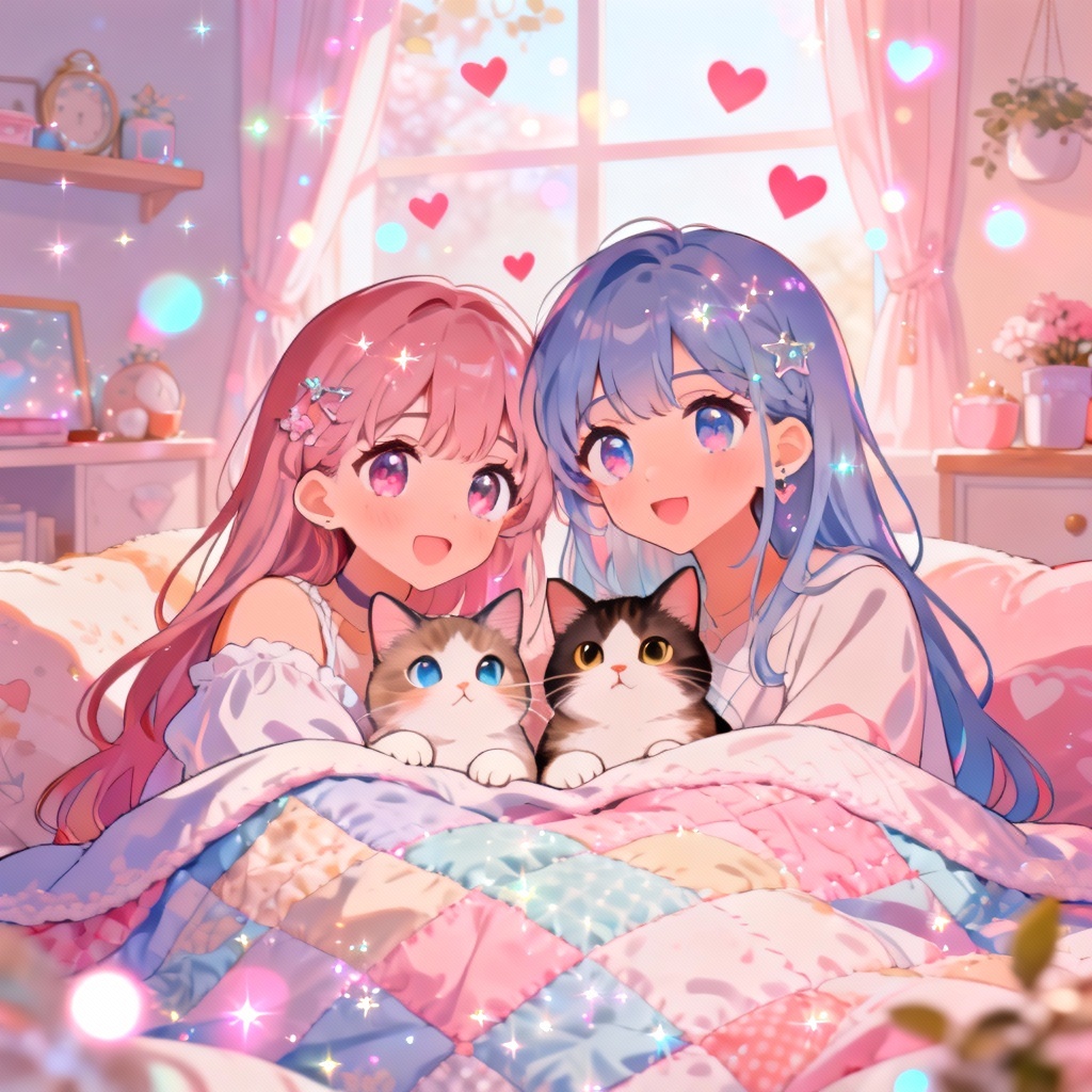 Anime pastel cuddle puddle with pets