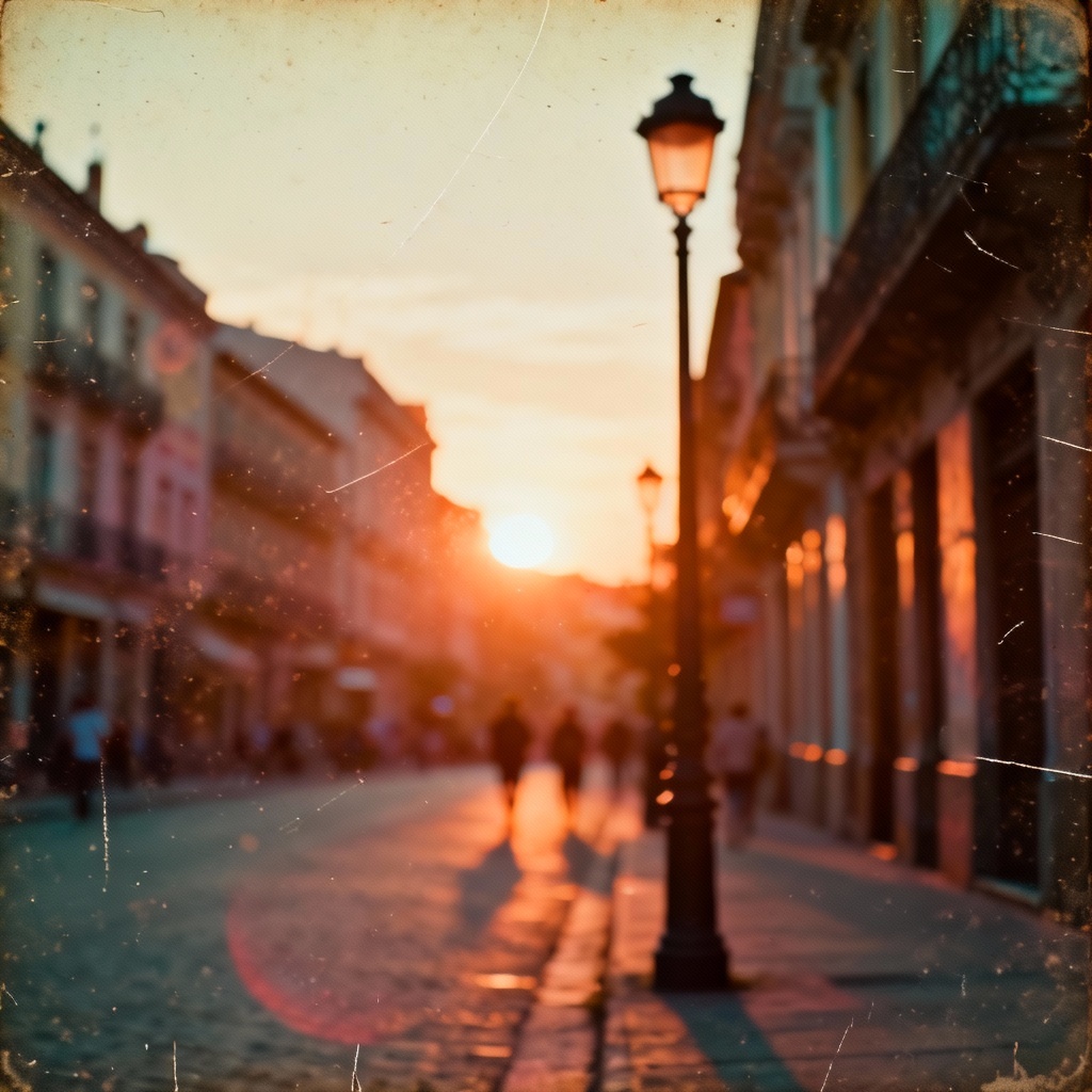 Golden hour street with retro film look and faded colors