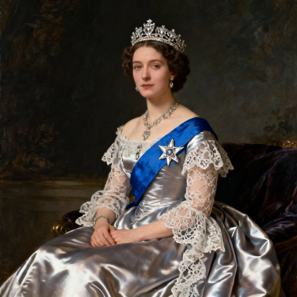 AI Victorian queen in satin gown with diamond tiara