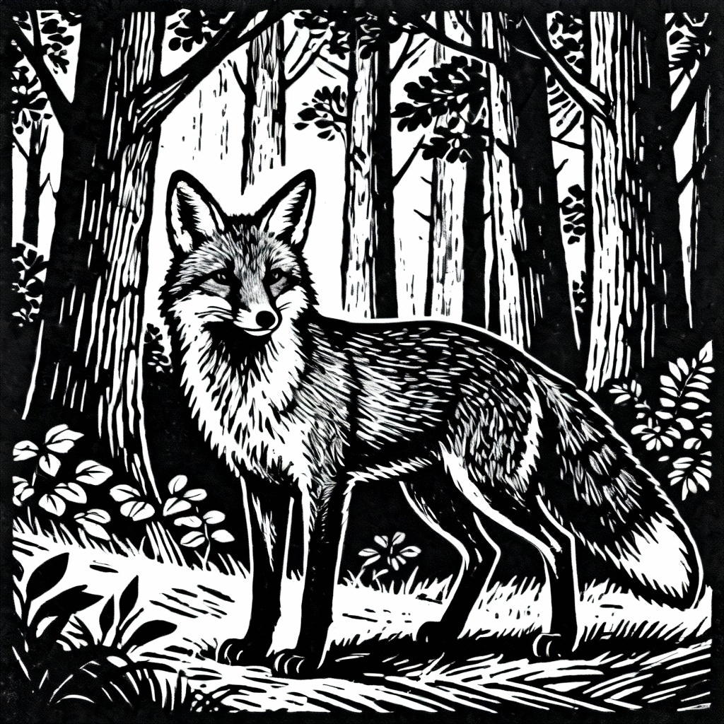 AI black and white woodcut wildlife illustration of a fox