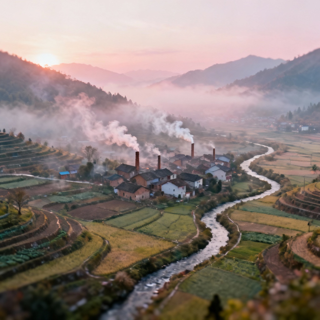 AI misty morning over mountain village