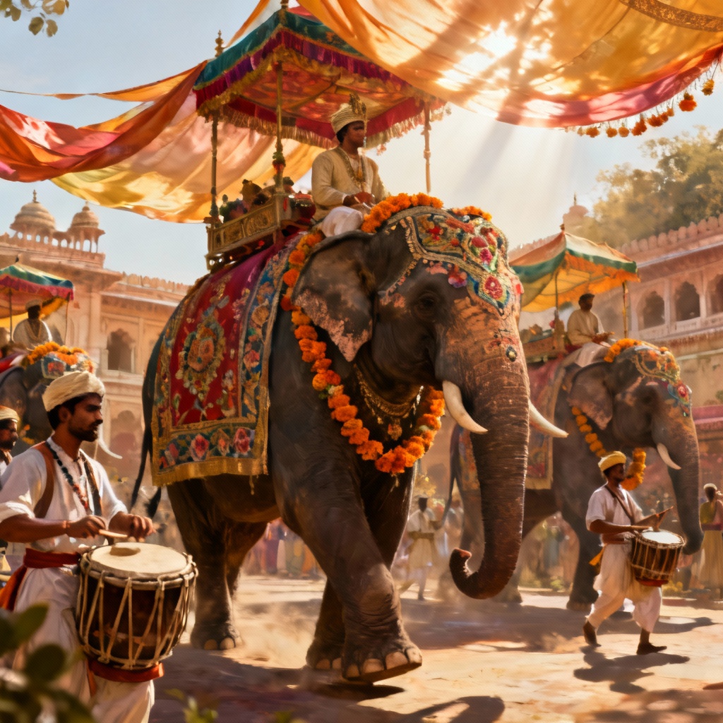 AI maharaja elephant parade with silk canopies and garlands