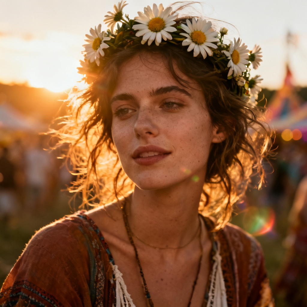 Boho festival portrait with AI daisy flower crown