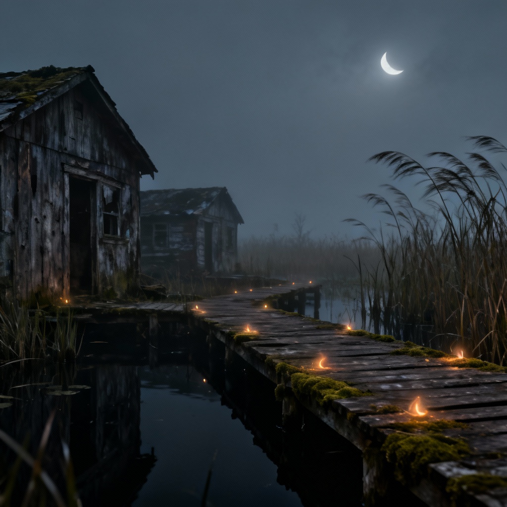 AI haunted marsh village shacks with will-o-the-wisp lights