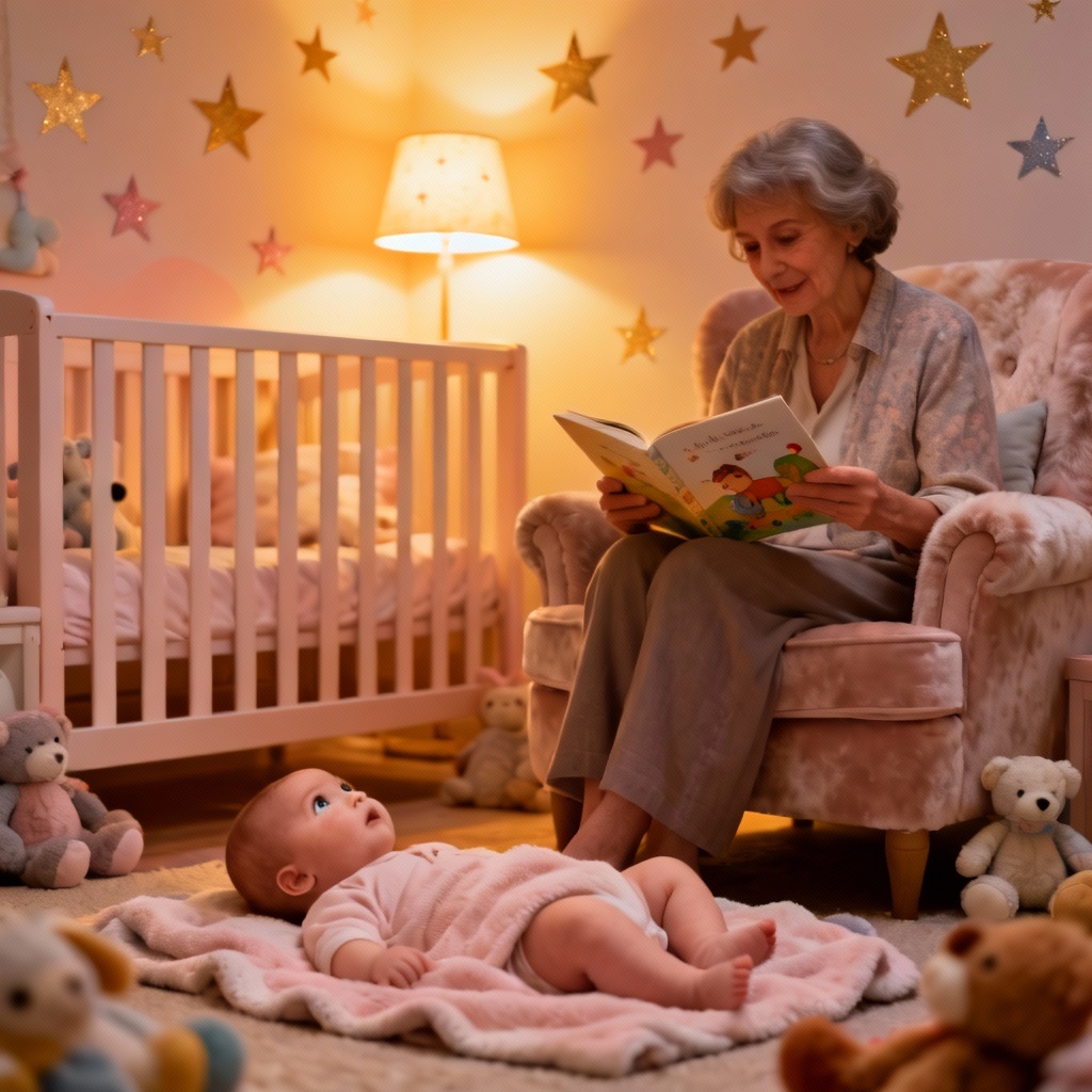 Grandma reading a bedtime story to a baby in a nursery