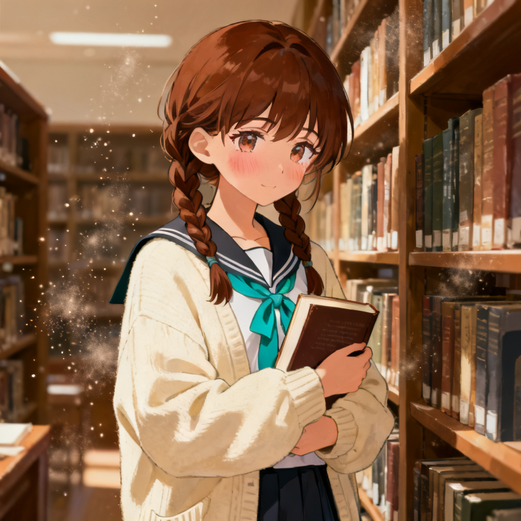 AI yan sim bookish OC in library with cardigan and ribbon