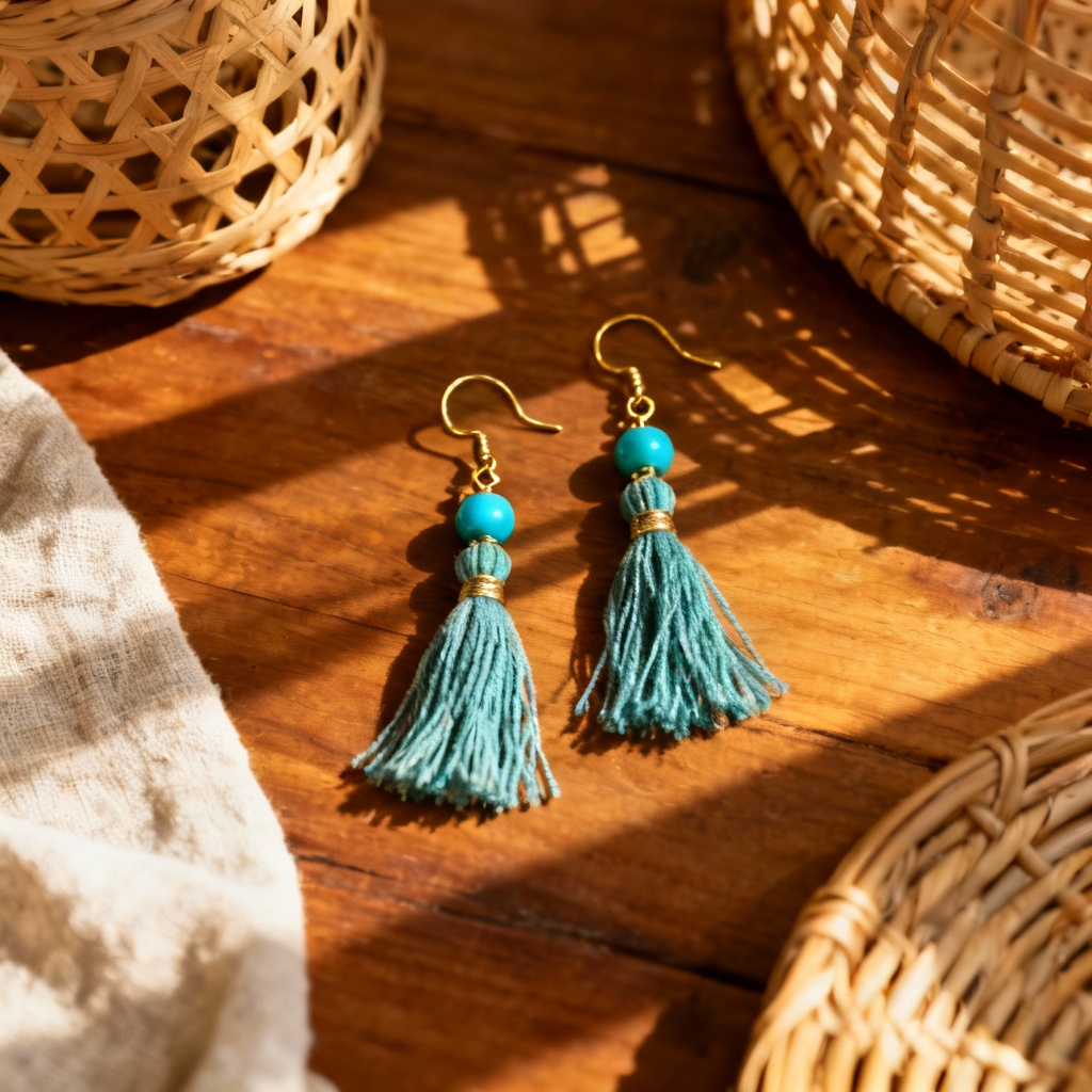AI boho turquoise tassel earrings lifestyle flat lay