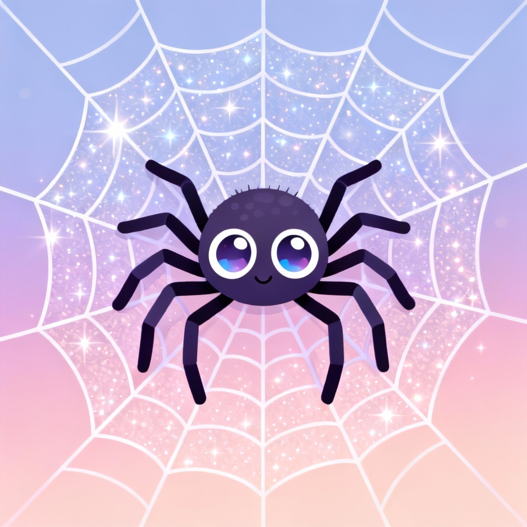 Cute cartoon spider smiling on a bright web