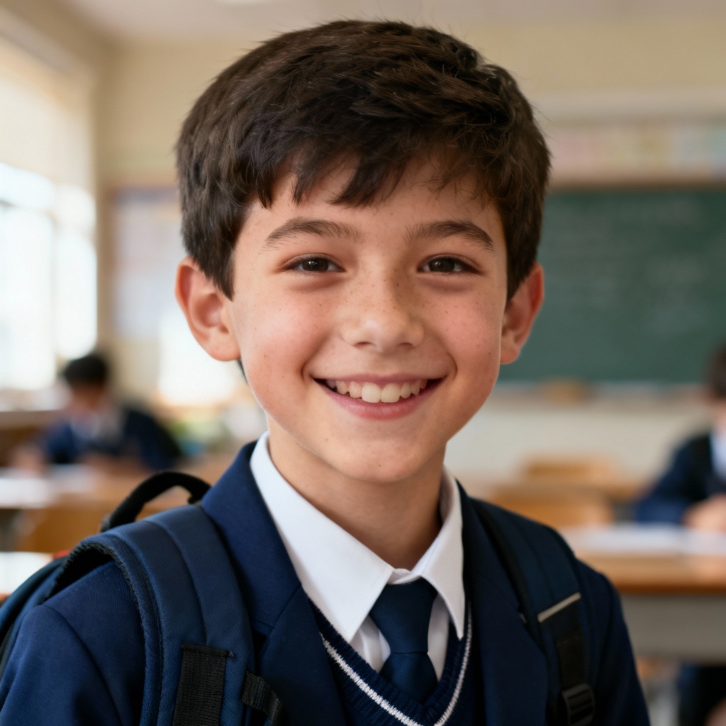 AI schoolboy character portrait in school uniform
