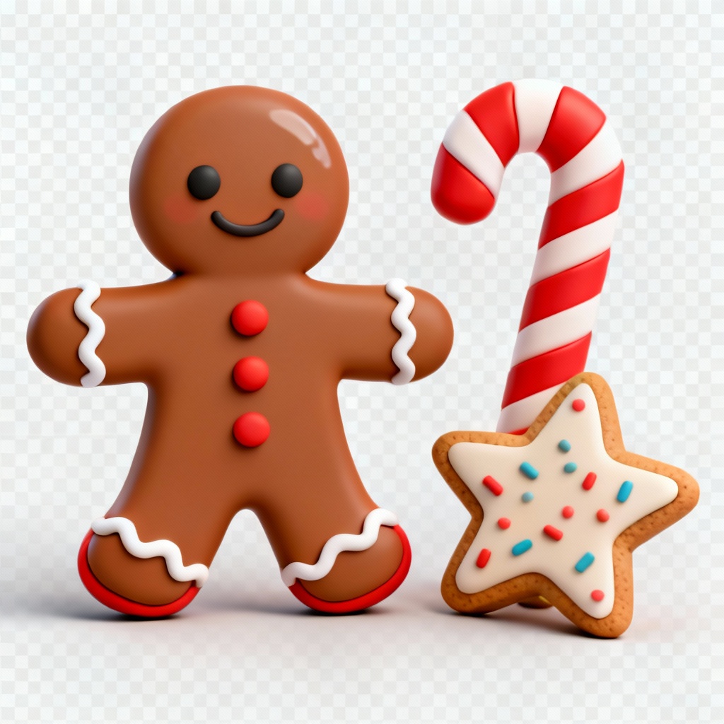 3D clay gingerbread man and candy cane icons