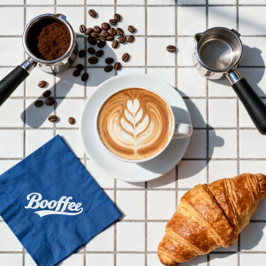 AI flat lay of coffee, pastry, and barista tools