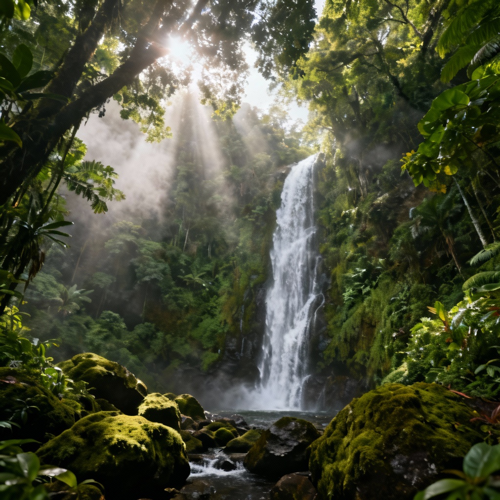 AI rainforest waterfall scene from Molokai with mist