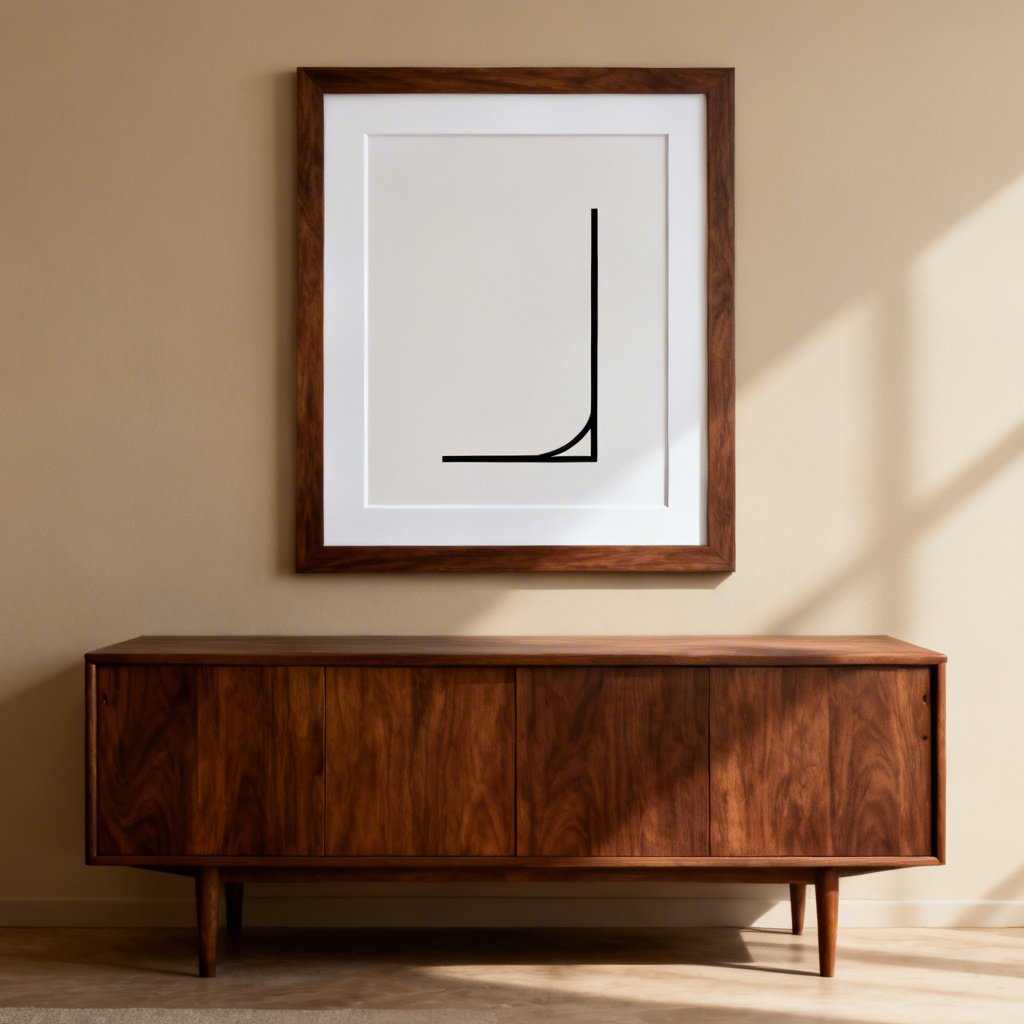 AI walnut frame with white mat around minimalist line art