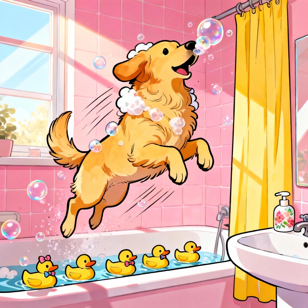Playful golden retriever in bubbly bathtub