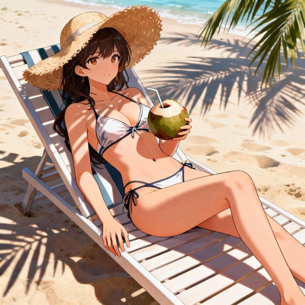 Relaxed anime beach lounge scene with hat and coconut drink