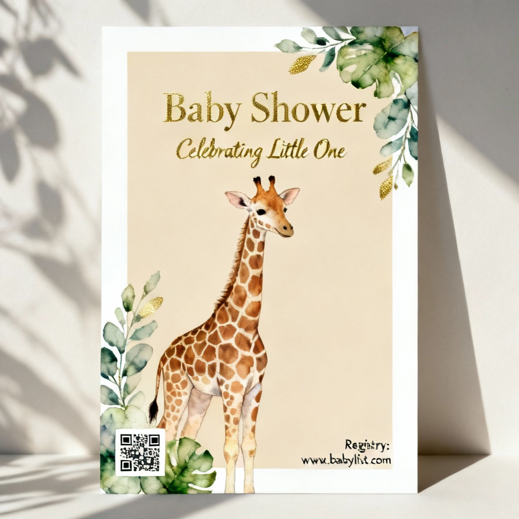 AI pastel safari baby shower invitation card with giraffe and greenery