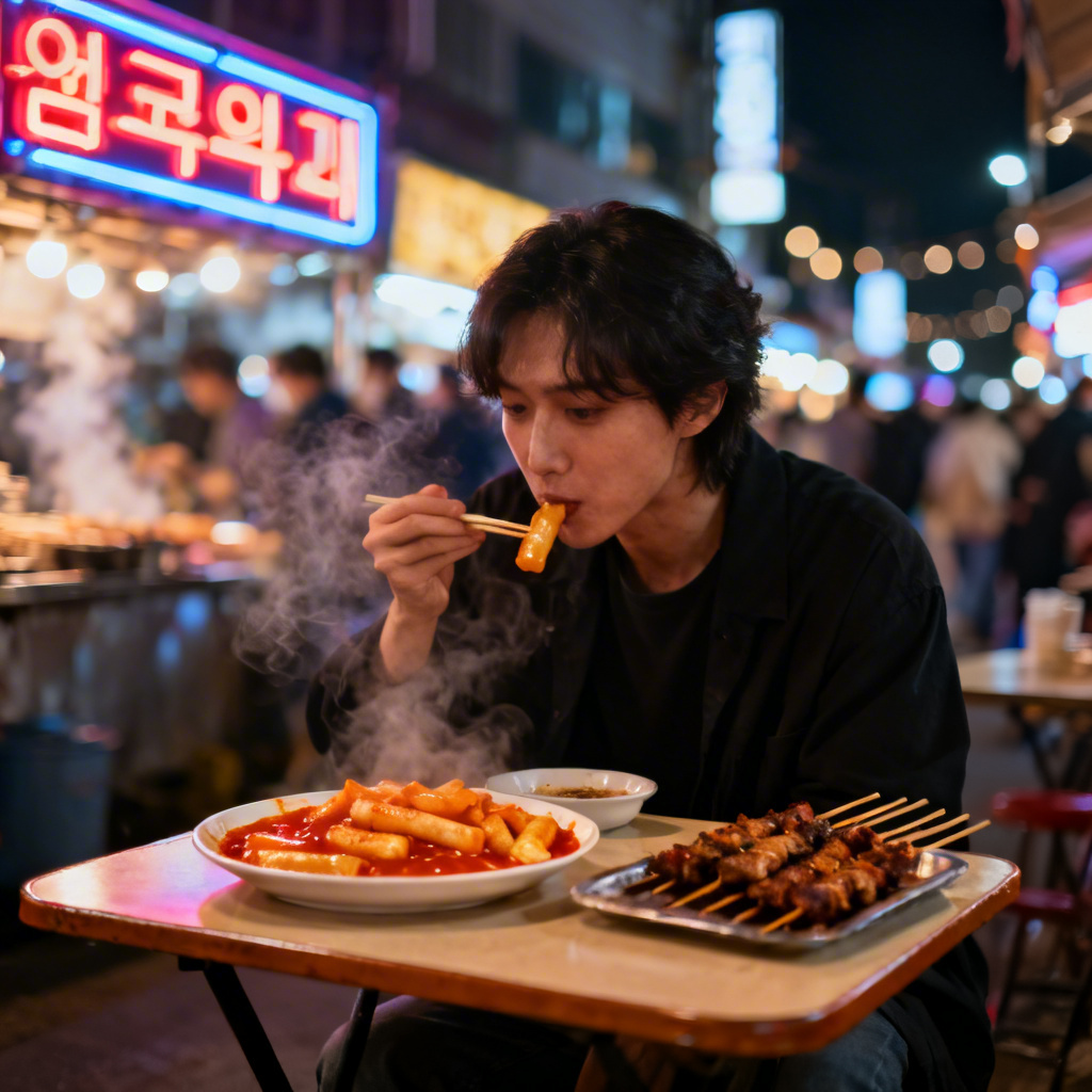 AI mukbang image of neon-lit street food feast