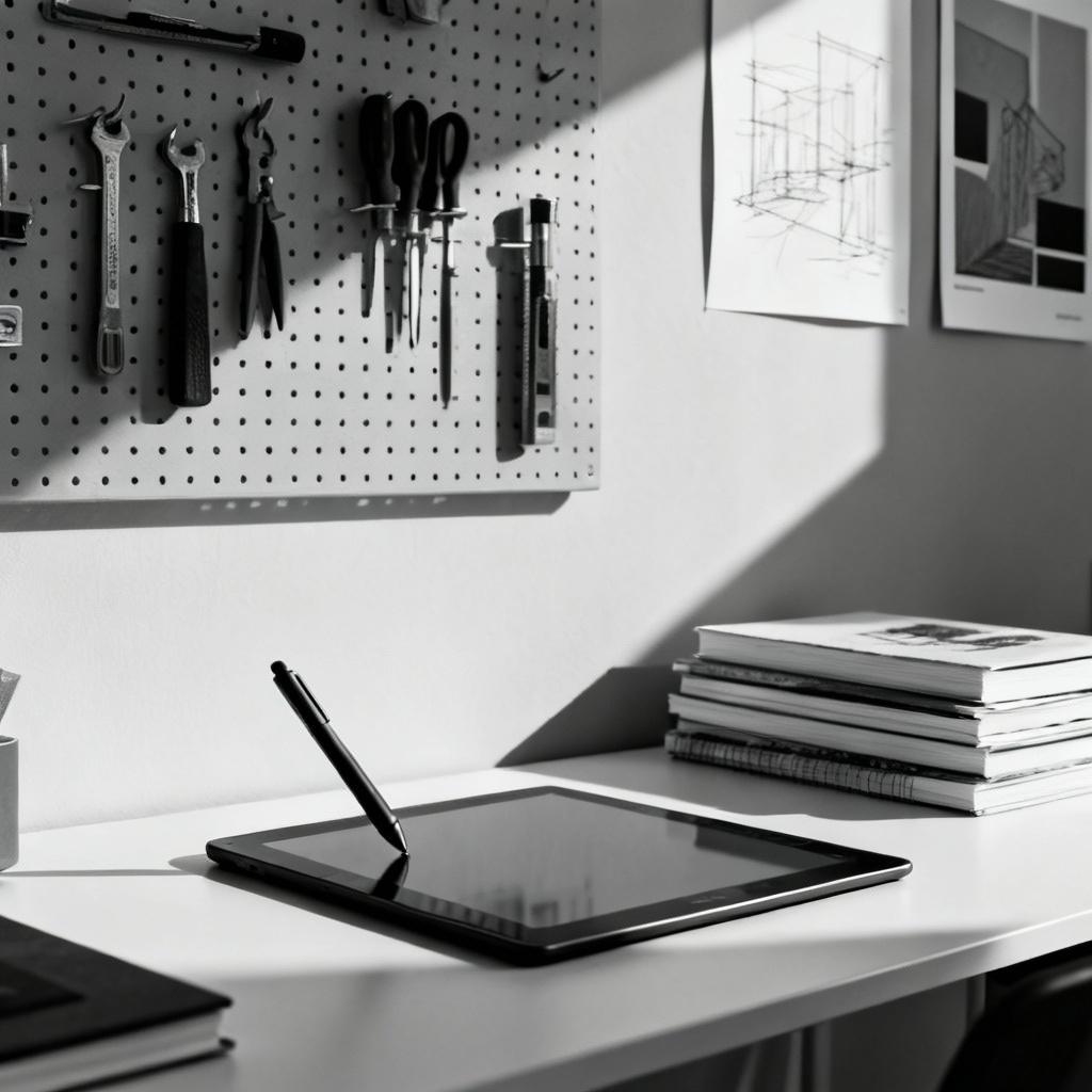 AI monochrome designer desk with tablet
