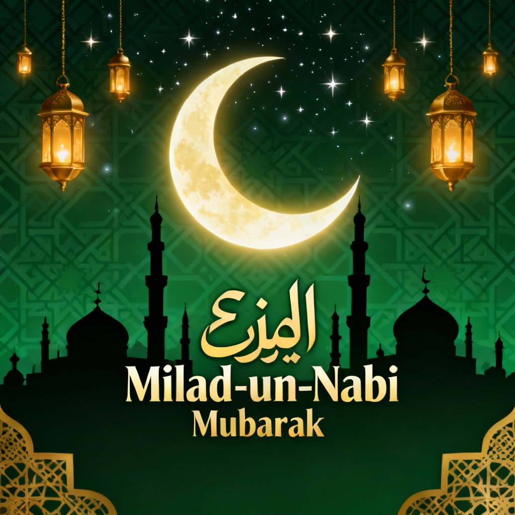 AI Milad un Nabi green crescent poster with mosque and lanterns
