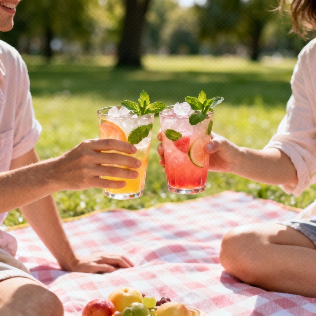 AI mocktail picnic with fruit drinks