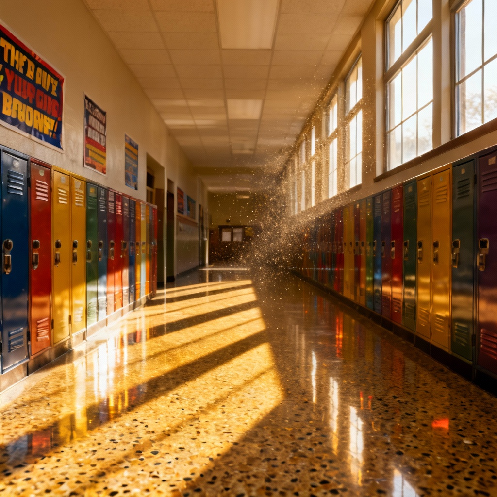 AI school corridor with lockers and sunlight